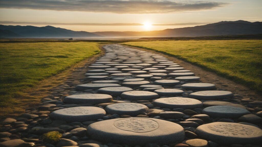 Stepping stones in a serene landscape, each engraved with steps of a success plan, leading towards a glowing horizon.