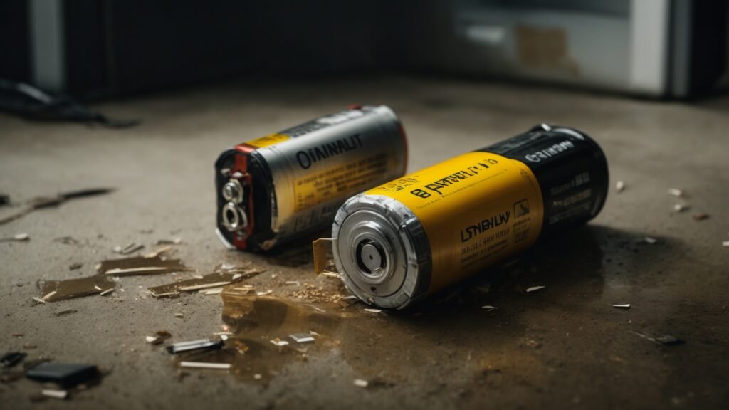 Split-view image contrasting a healthy lithium battery against a damaged, leaking one with hazard symbols, emphasizing the risks associated with battery leaks.
