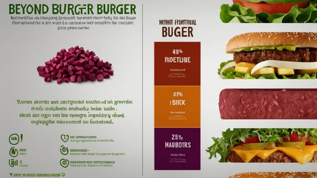 Nutritional comparison chart of the Beyond Burger and a beef burger in a kitchen setting, surrounded by fresh vegetables and grains.