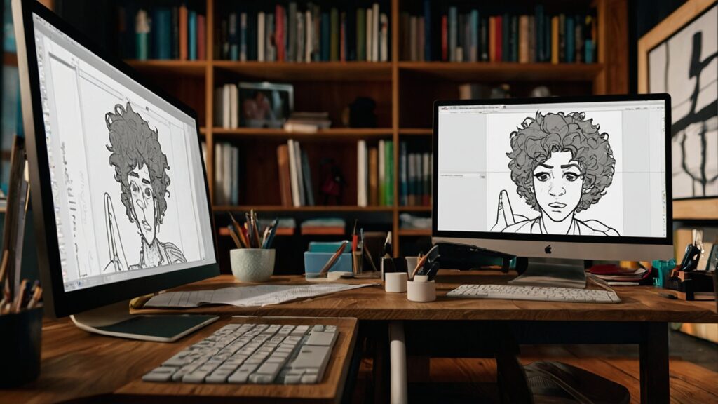 A digital artist's desk with tools and a computer screen showing the intricate design process of a cartoon character with curly hair.