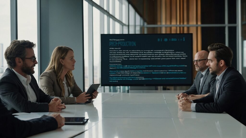 Author presenting a script to production company executives in a modern office, with the script's title page displayed on a large screen.