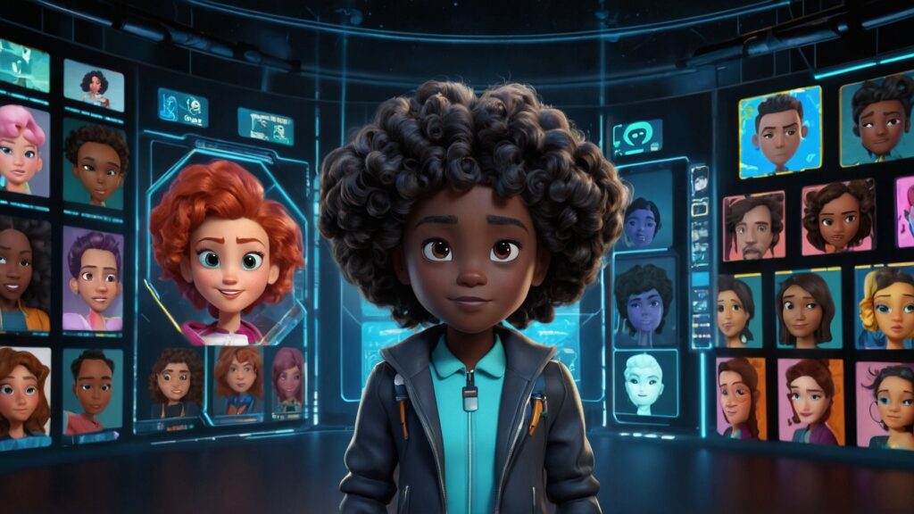 Futuristic holographic display of diverse cartoon characters with curly hair, surrounded by advanced animation tools and software.