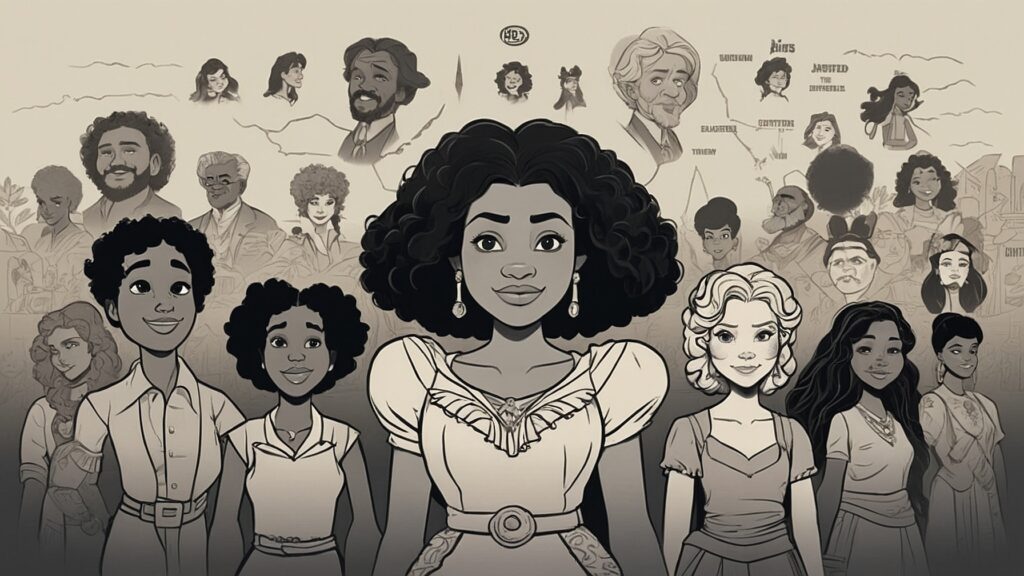 Animated timeline illustrating the progression of hair representation in cartoons, featuring iconic characters and their evolving hairstyles.